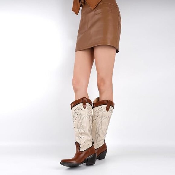 Studded Rivets Knee High Cowboy Boots Pull On Pointed Toe Stacked Embroidered - Picture 3 of 6